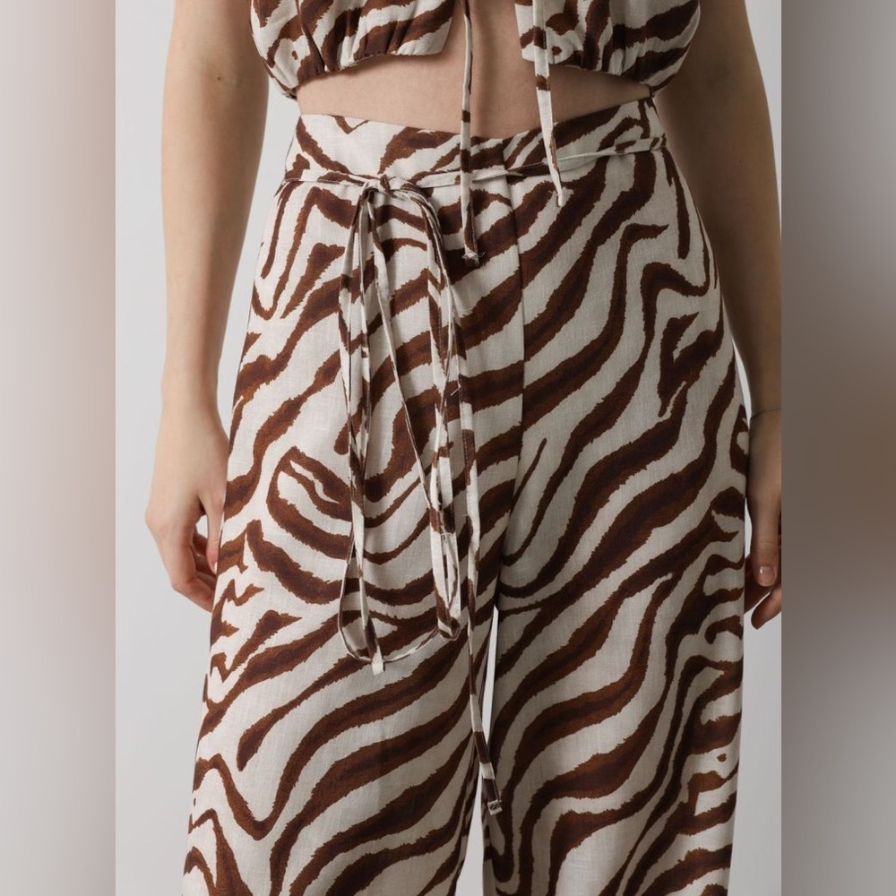 Zara Wide Leg Tie Waist Brown Zebra Print Pants